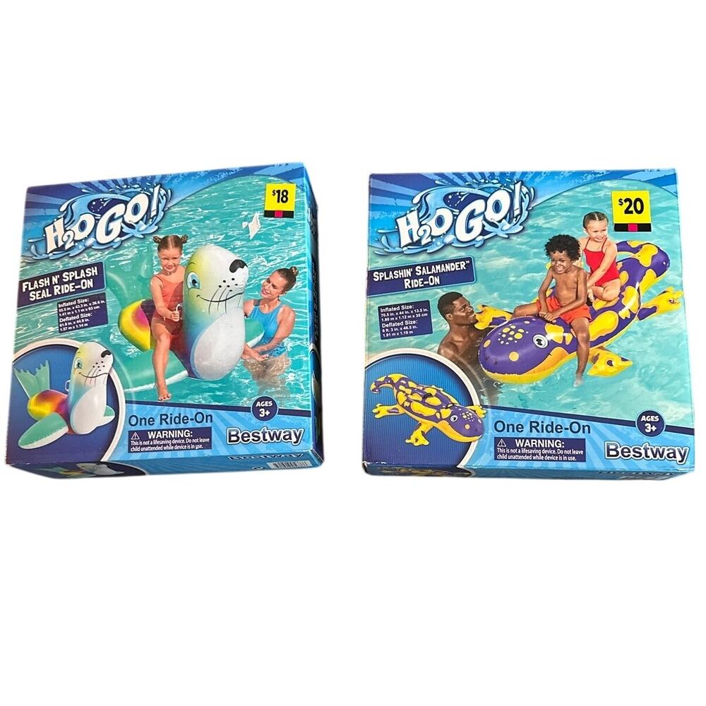 2 Ride-On Pool Floats Ages 3+ Splashin' Salamander & Flash N' Splash Seal NIB